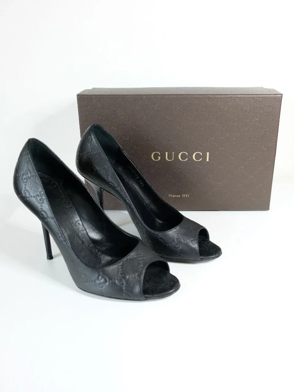 Gucci Guccissima Peep Toe Stilettos, Matte Black